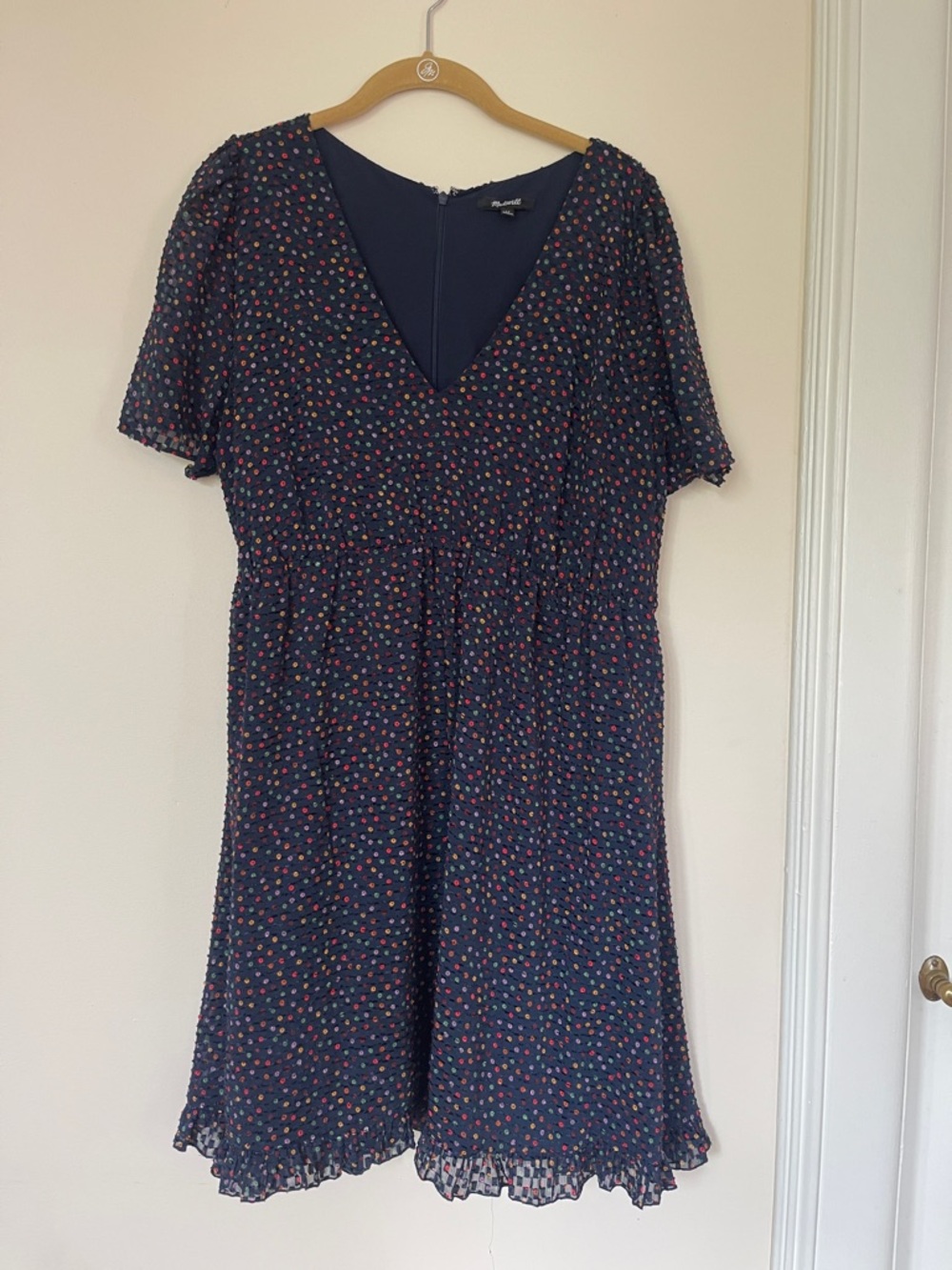 Madewell Navy Midi Dress with Pink and Green Dot Print